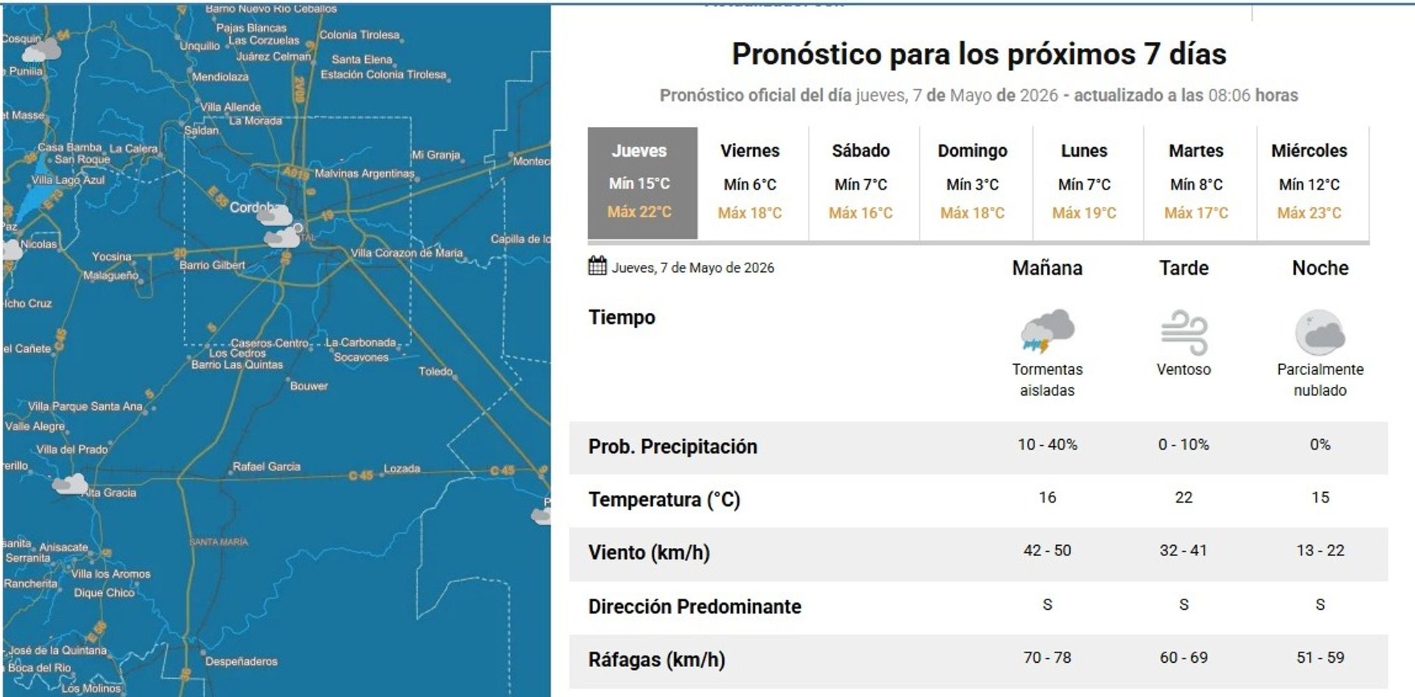 El clima en Córdoba para este 7 de mayo.