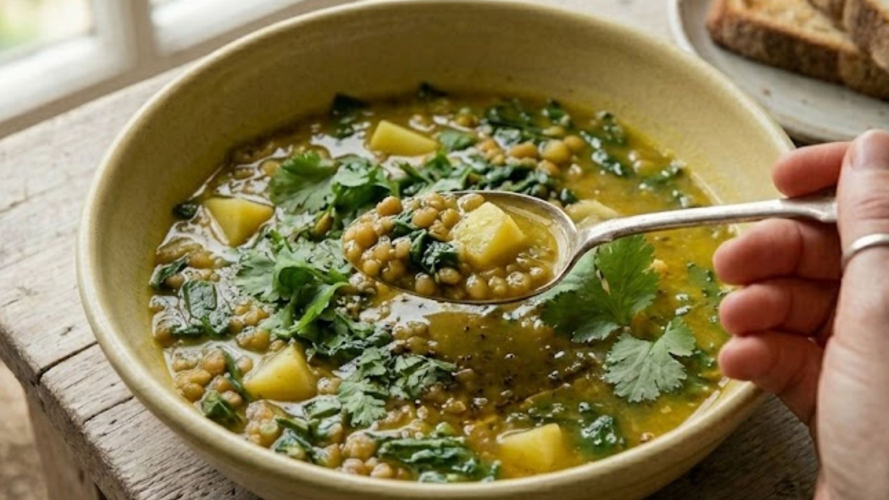 Una rodaja de pan caseroes ideal para acompañar esta sopa.
