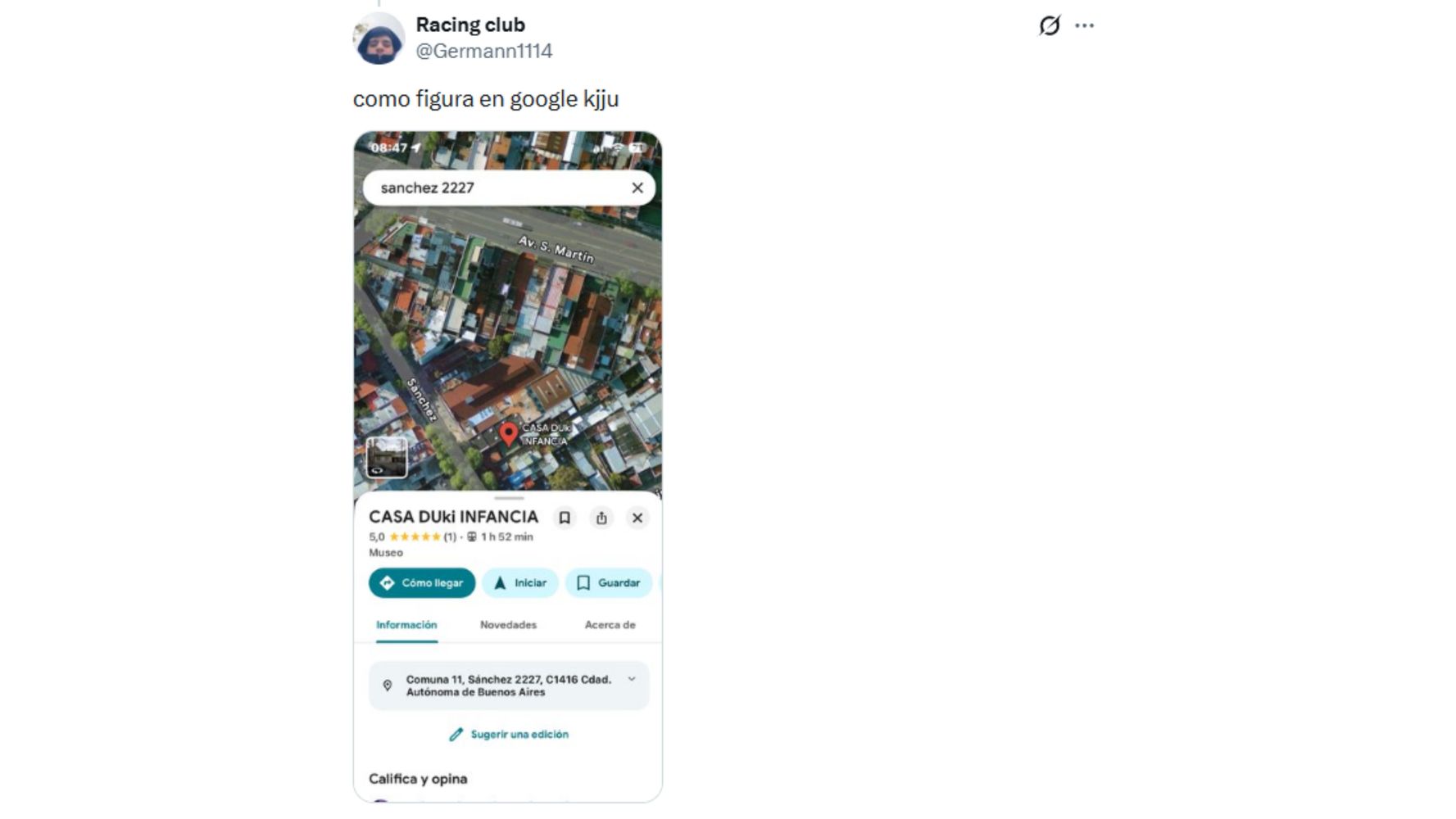 Así aparece la dirección en Google Maps.