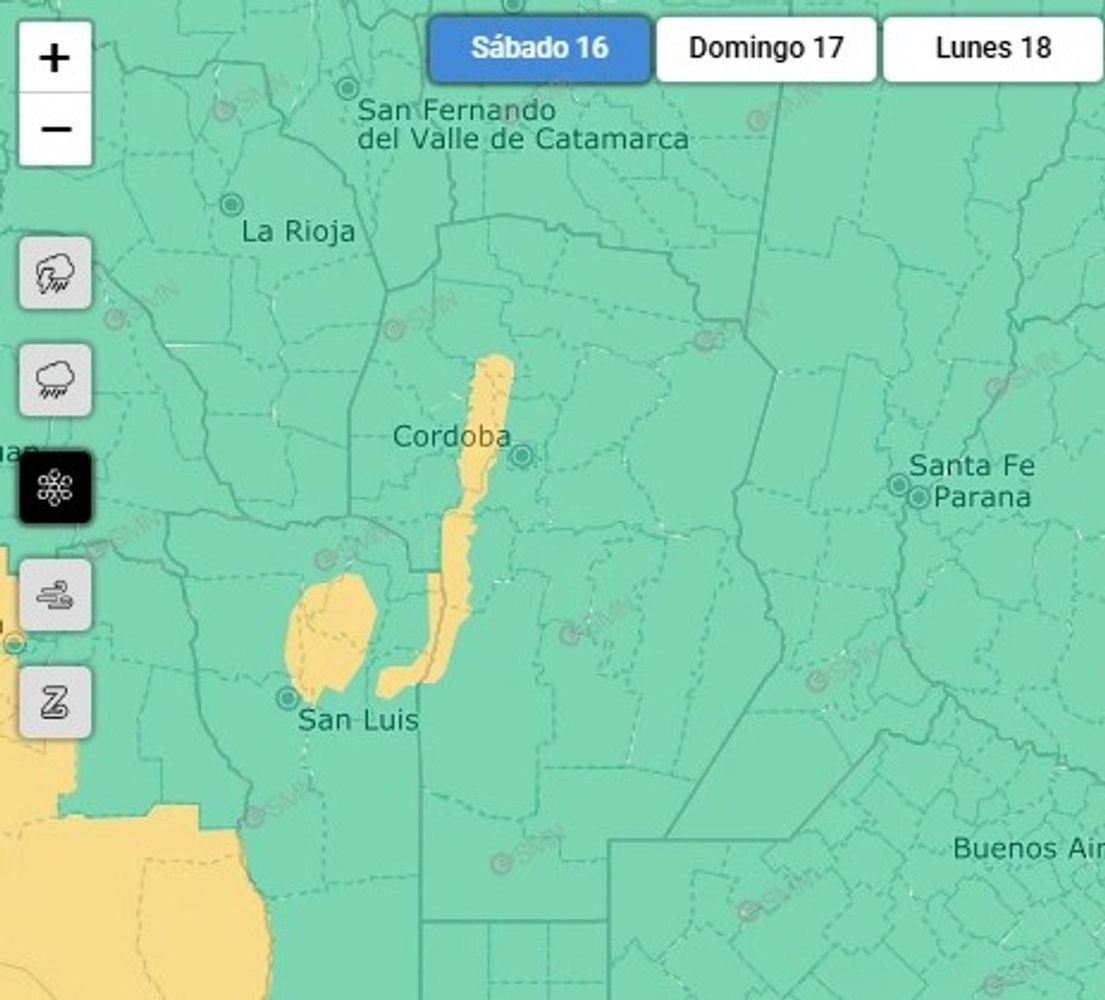 Alerta por nevadas en Córdoba para este sábado 16 de mayo.
