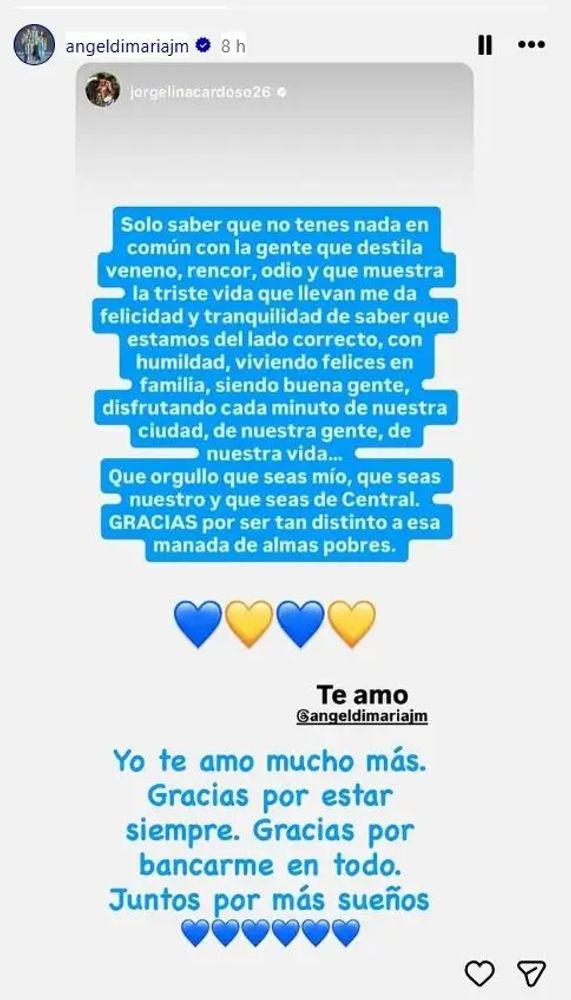 El mensaje de Jorgelina Cardoso para Di María