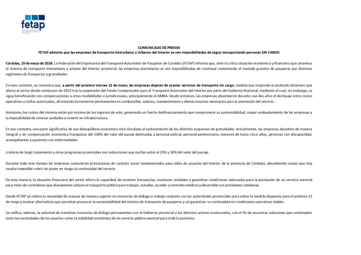 Fetap anunció la suspensión de viajes gratis en el transporte interurbano de Córdoba.