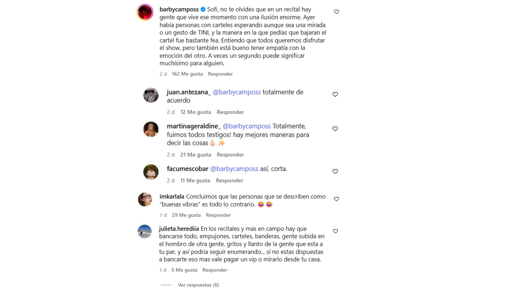 Los comentarios en el posteo de la modelo.