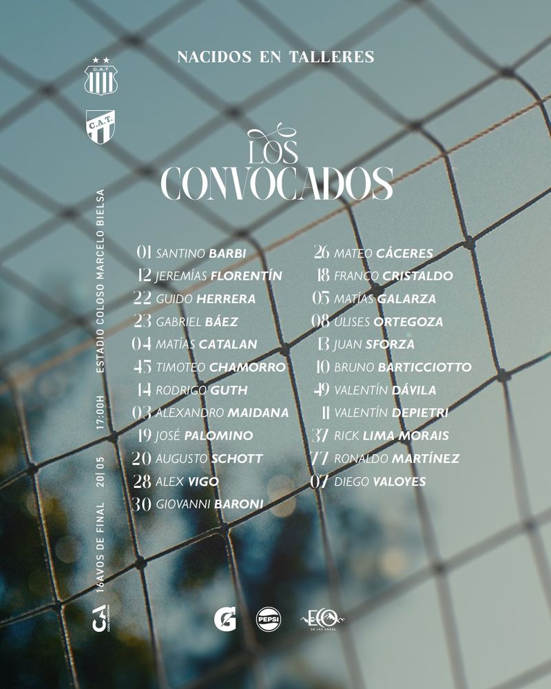 Los convocados de Talleres para el partido con Atlético Tucumán.