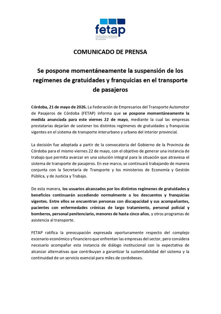 El comunicado de Fetap.