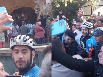 Ulises Bueno llegó en bici a la Gruta de la Virgen de Lourdes tras el triunfo de Belgrano