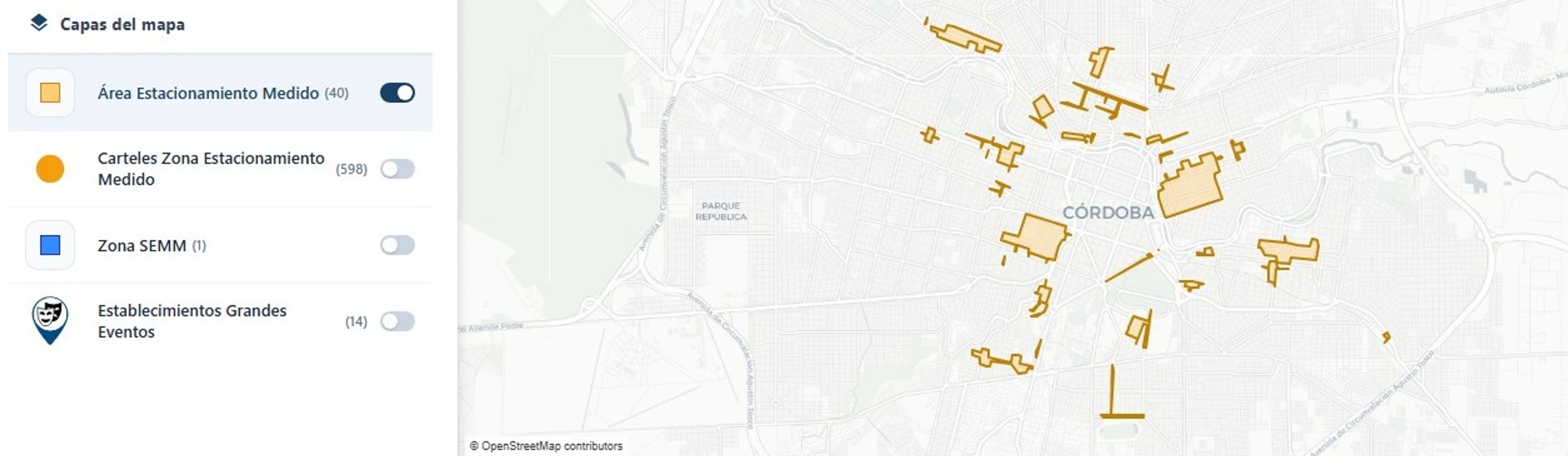 El mapa del estacionamiento medido en Córdoba.