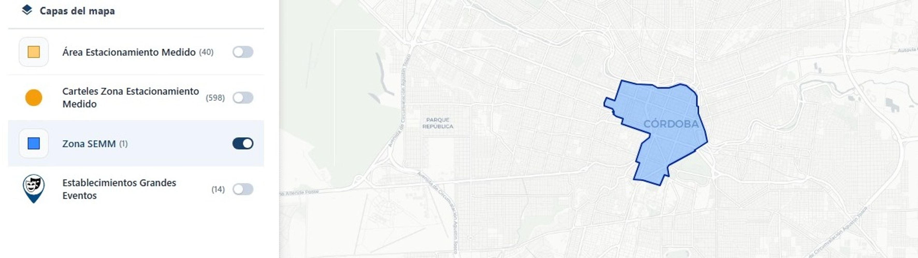 El mapa del estacionamiento medido en Córdoba.