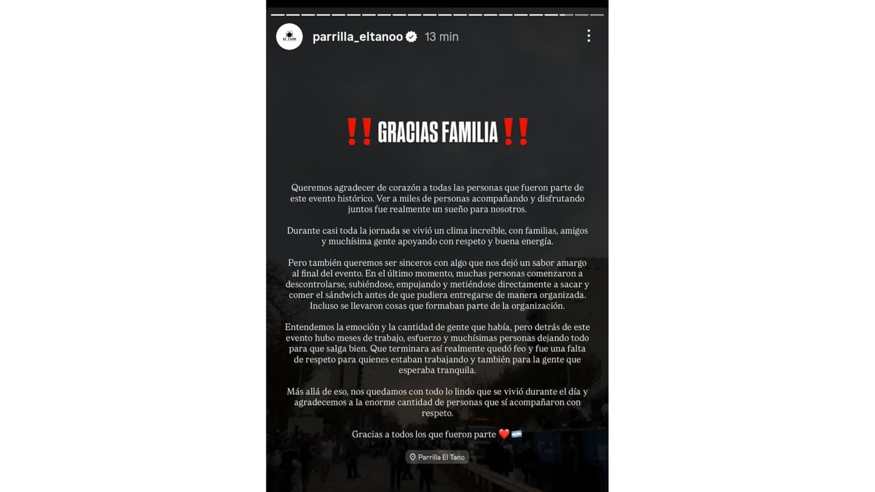 El comunicado de la parrila.