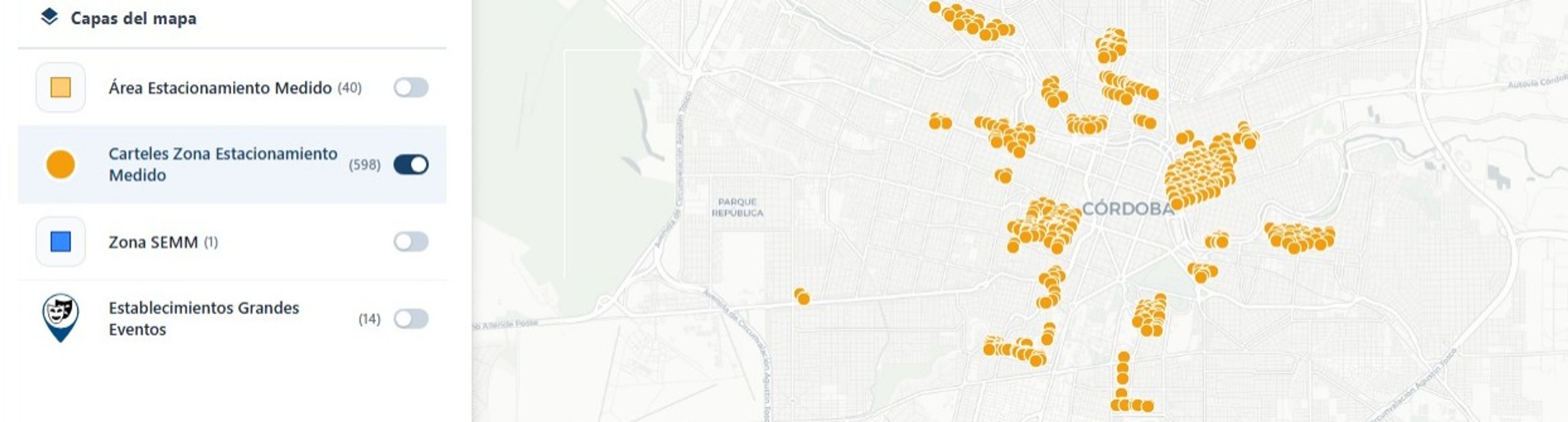 El mapa del estacionamiento medido en Córdoba.
