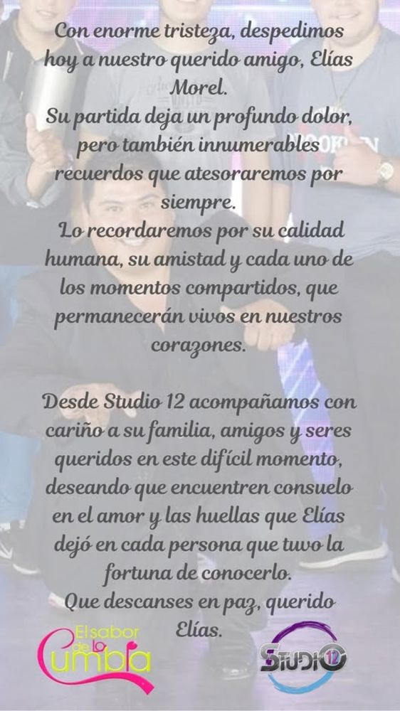 Elías Morel, cantante del grupo musical El Sabor de la Cumbia, murió a los 41 años.