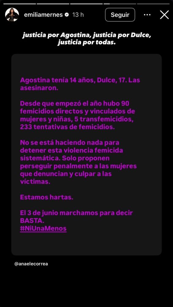 "Justicia por todas": Tini Stoessel y Emilia Mernes se unieron en un reclamo urgente tras el femicidio de Agostina
