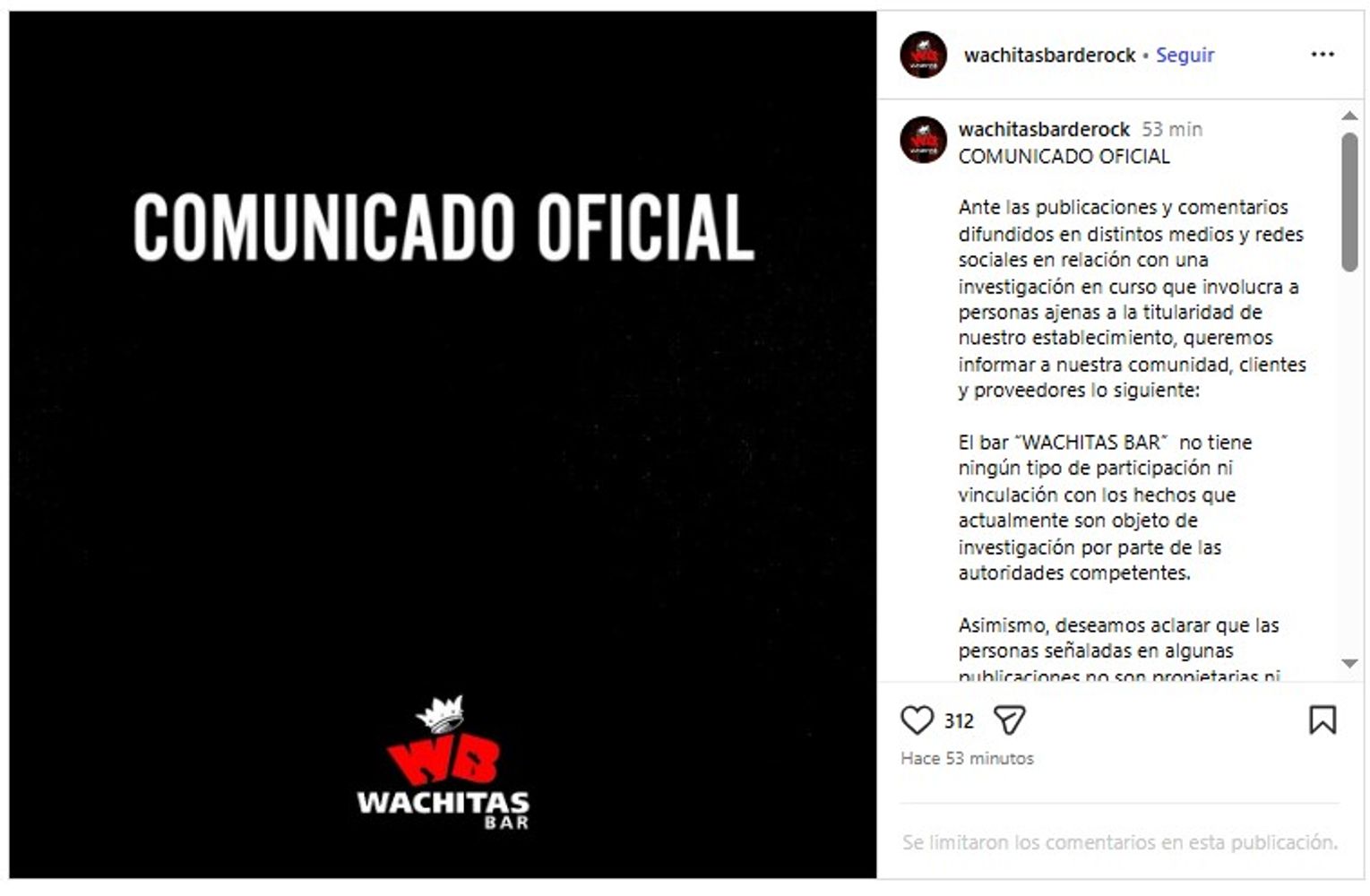 El comunicado de Wachitas Bar.