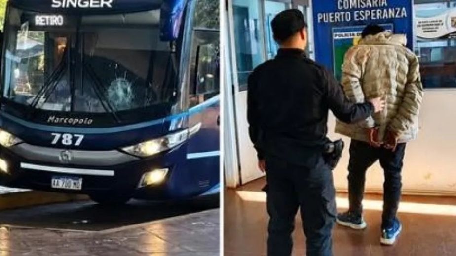Puerto Esperanza: creyó que el colectivo estaba demorado, atacó la unidad a pedradas y terminó detenido