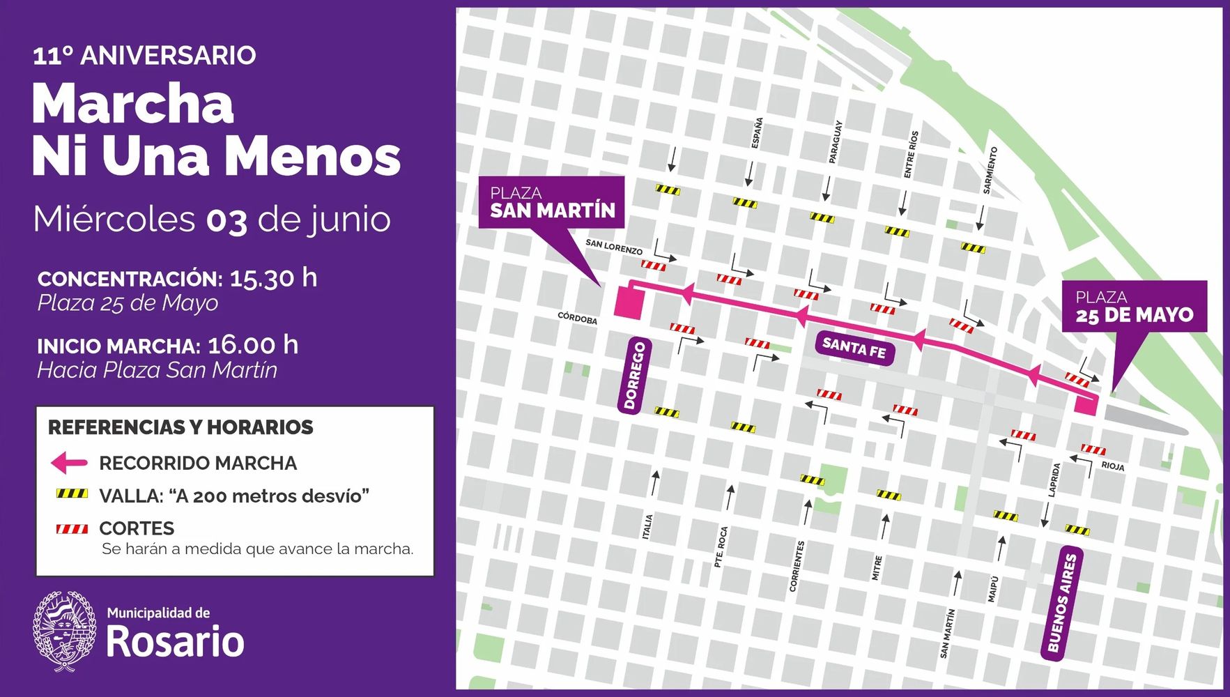 Mapa de cortes de calles en Rosario por el Ni Una Menos