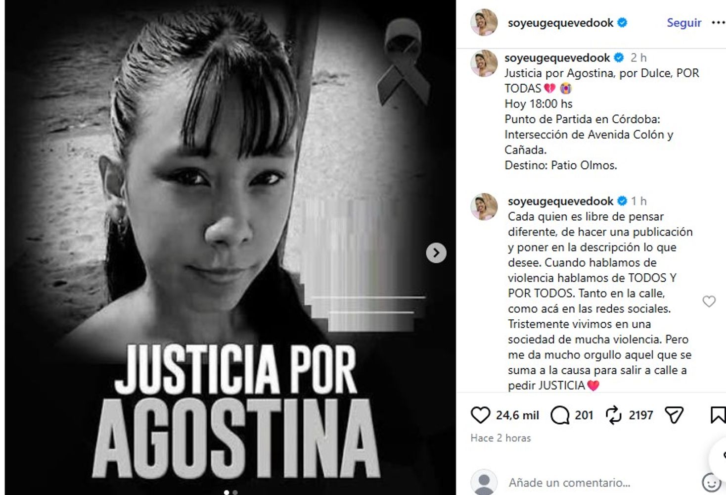 Euge Quevedo pidió justicia por Agostina Vega