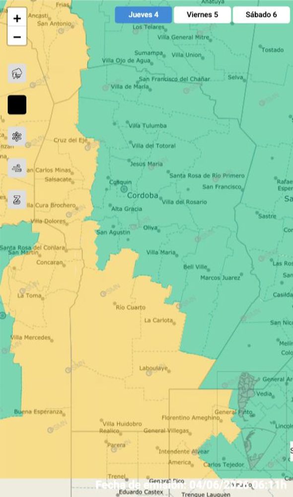 Alerta amarilla en Córdoba este jueves 4 de junio.