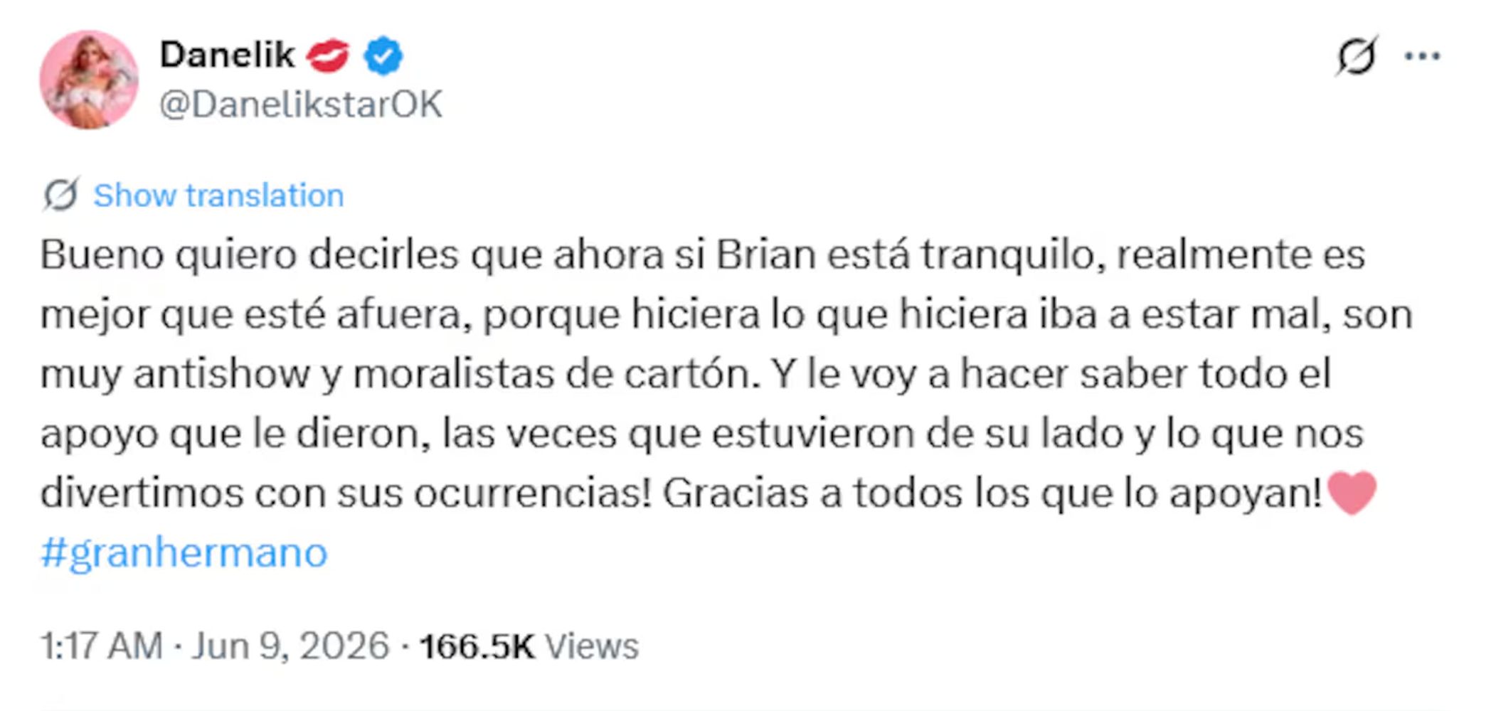 El mensaje de Danelik tras la eliminación de Brian Sarmiento