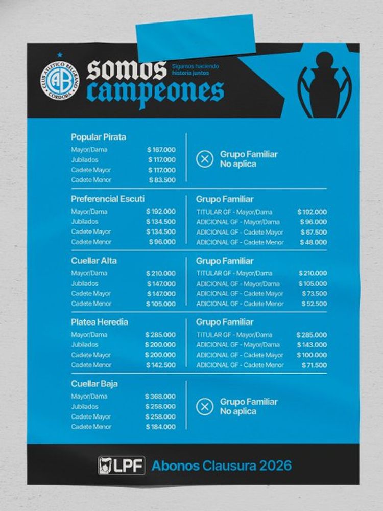 Los precios de la nueva campaña del Belgrano campeón.