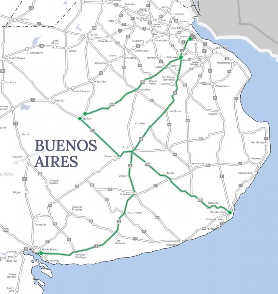Mapa de futuras estaciones de peaje en Ruta 3. 
