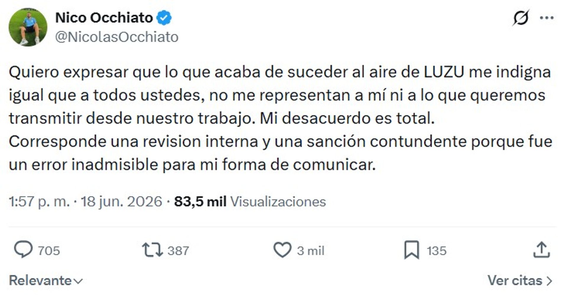 Nico Occhiato pidió disculpas tras el error de Flor Peña sobre Jorge Messi.