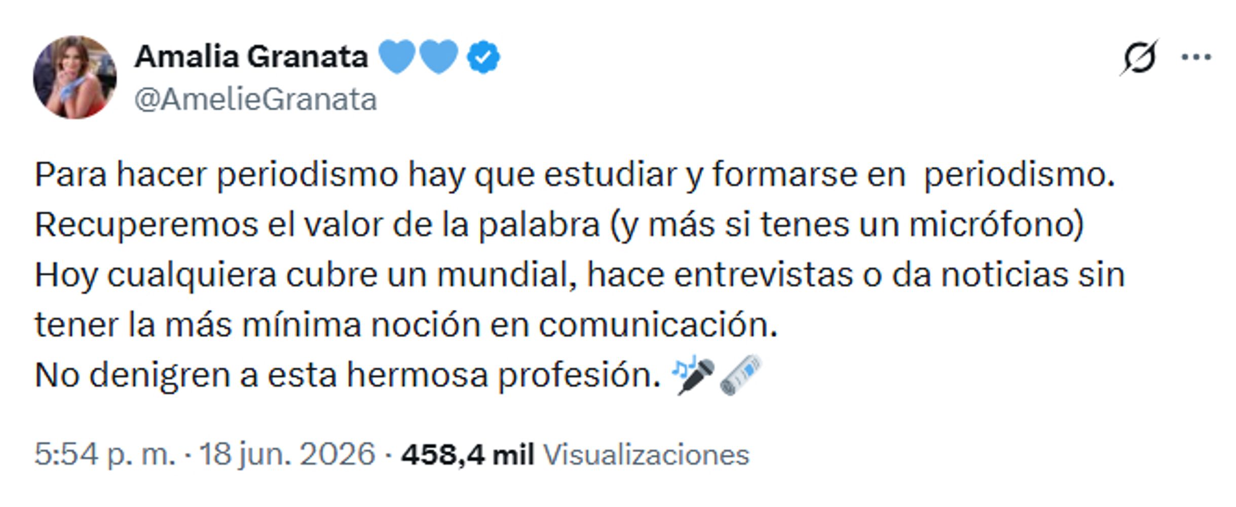 Mensaje de Amalia Granata en X