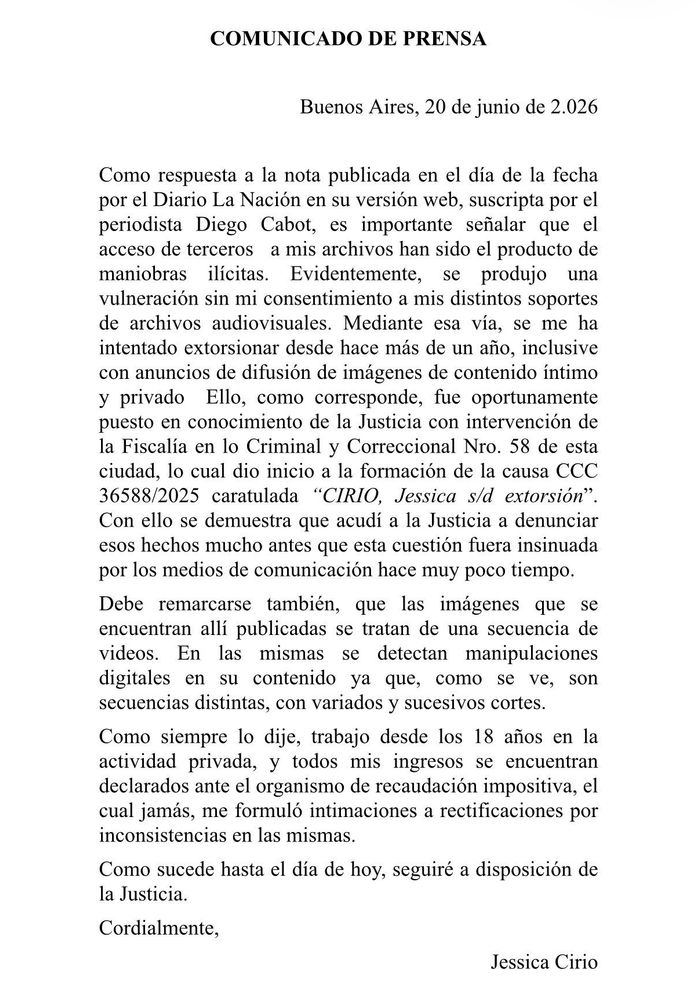 Comunicado de Jesica Cirio