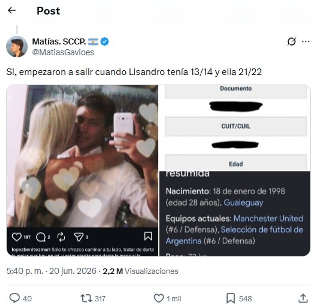 Escándalo: la fuerte revelación sobre el inicio del romance de Lisandro Martínez y Muri López Benítez que sacude el Mundial 2026