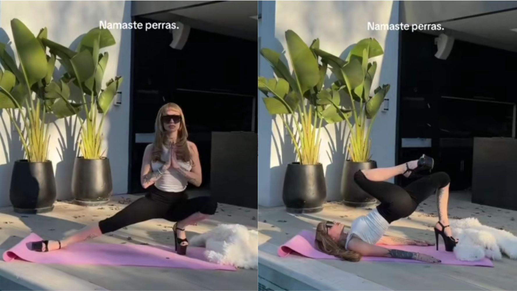 La cantante sorpredió al hacer yoga con tacos.