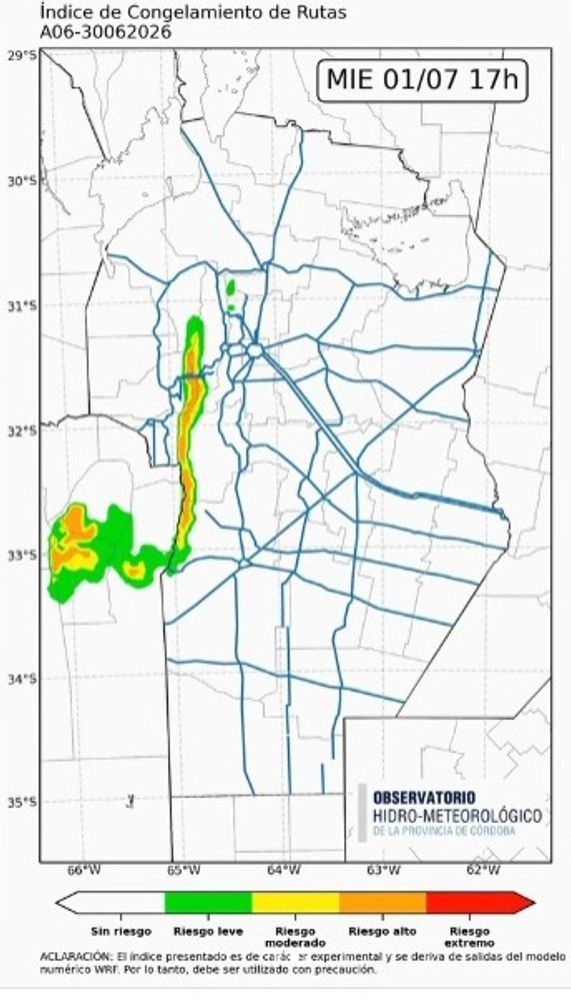 El mapa para este miércoles 1 de julio para Córdoba.