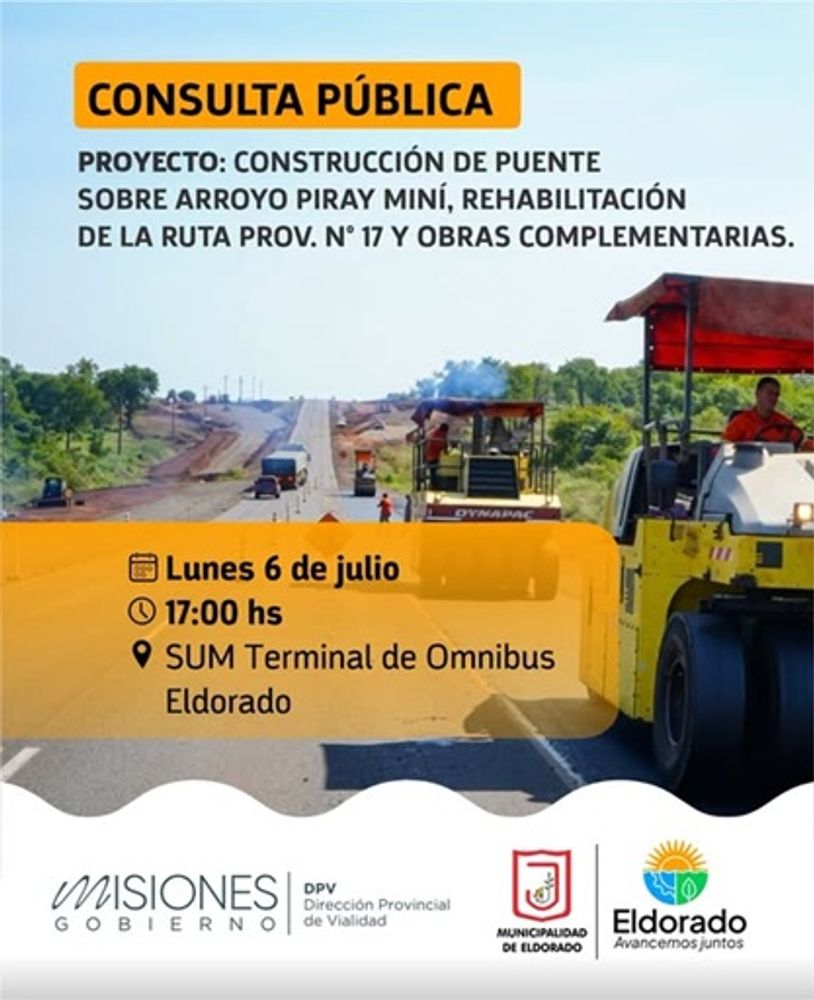 Eldorado: convocan a una consulta pública por el nuevo puente sobre el arroyo Piray Miní y las obras en la Ruta Provincial 17.
