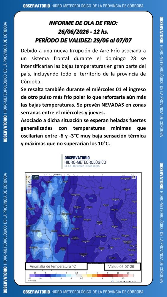 Informe por ola de frío en Córdoba.