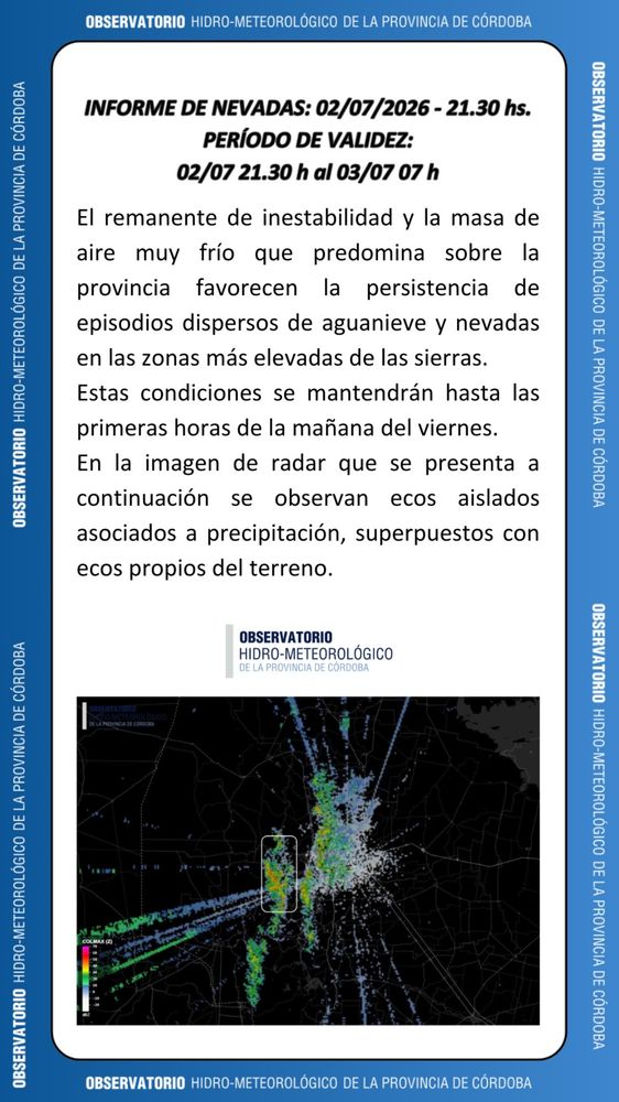 Informe por nevadas en Córdoba.