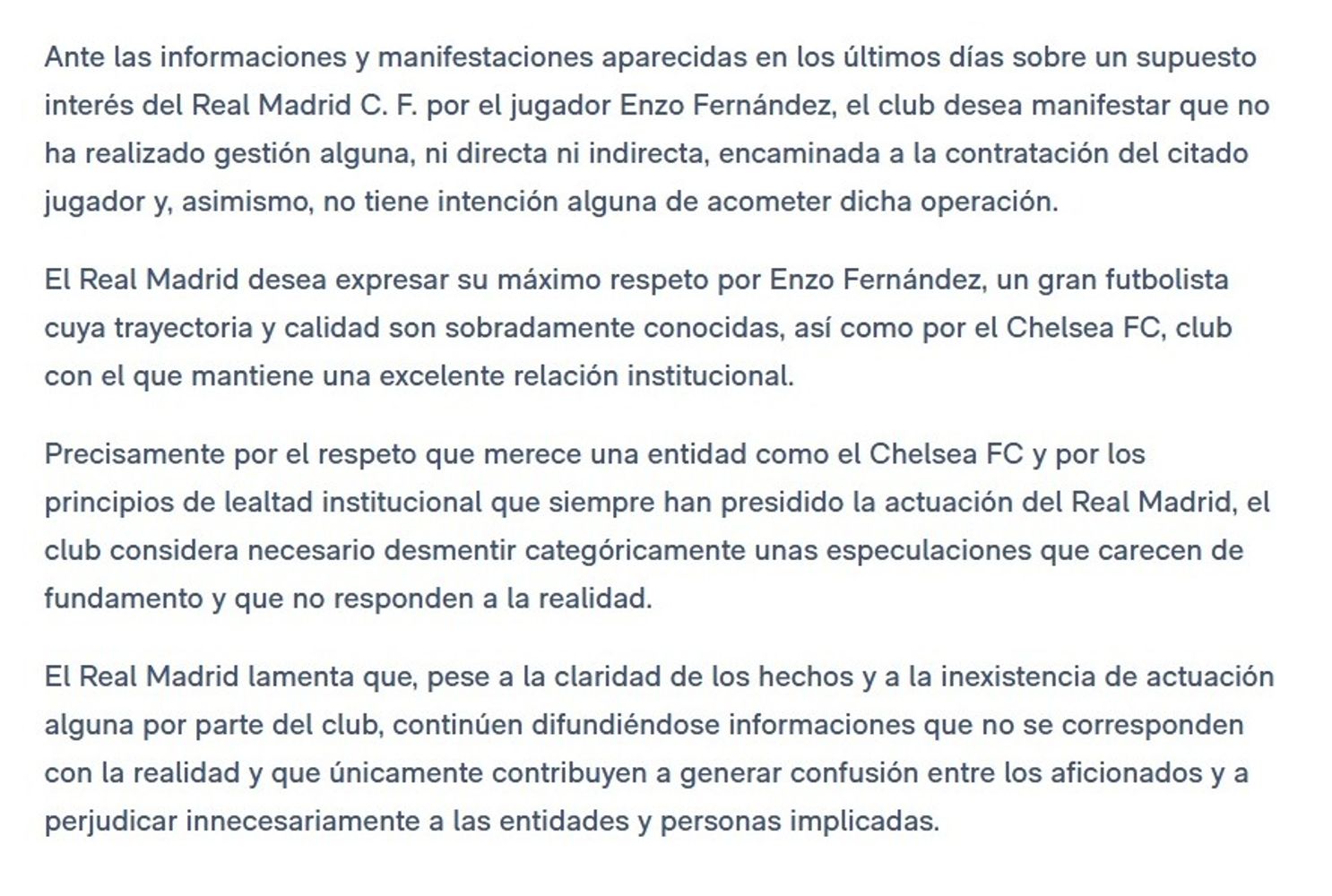 Real Madrid se refirió al supuesto interés en Enzo Fernández.
