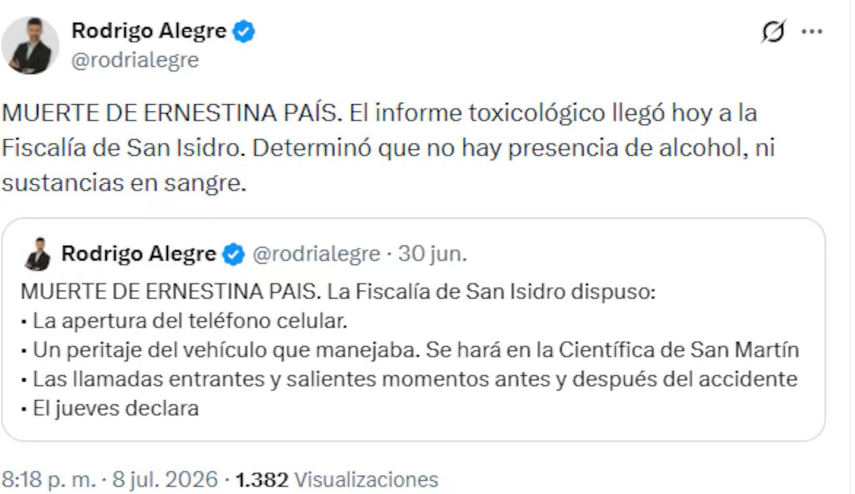 El periodista de TN reveló el resultado del toxicológico de Ernestina Pais
