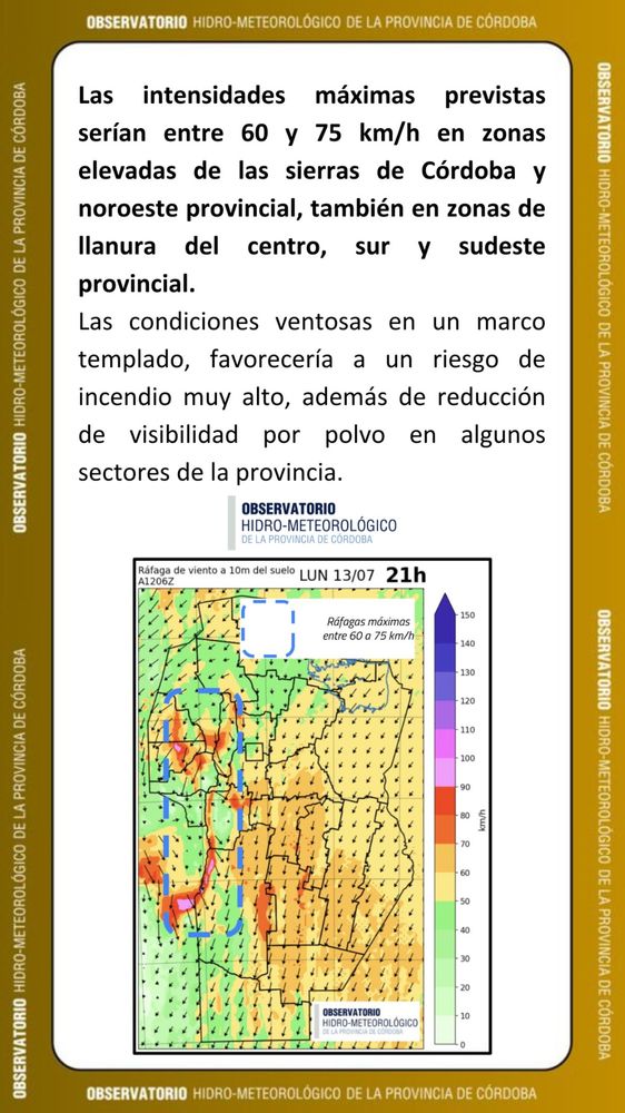 Informe por viento en Córdoba vigente hasta las 17 de este martes.