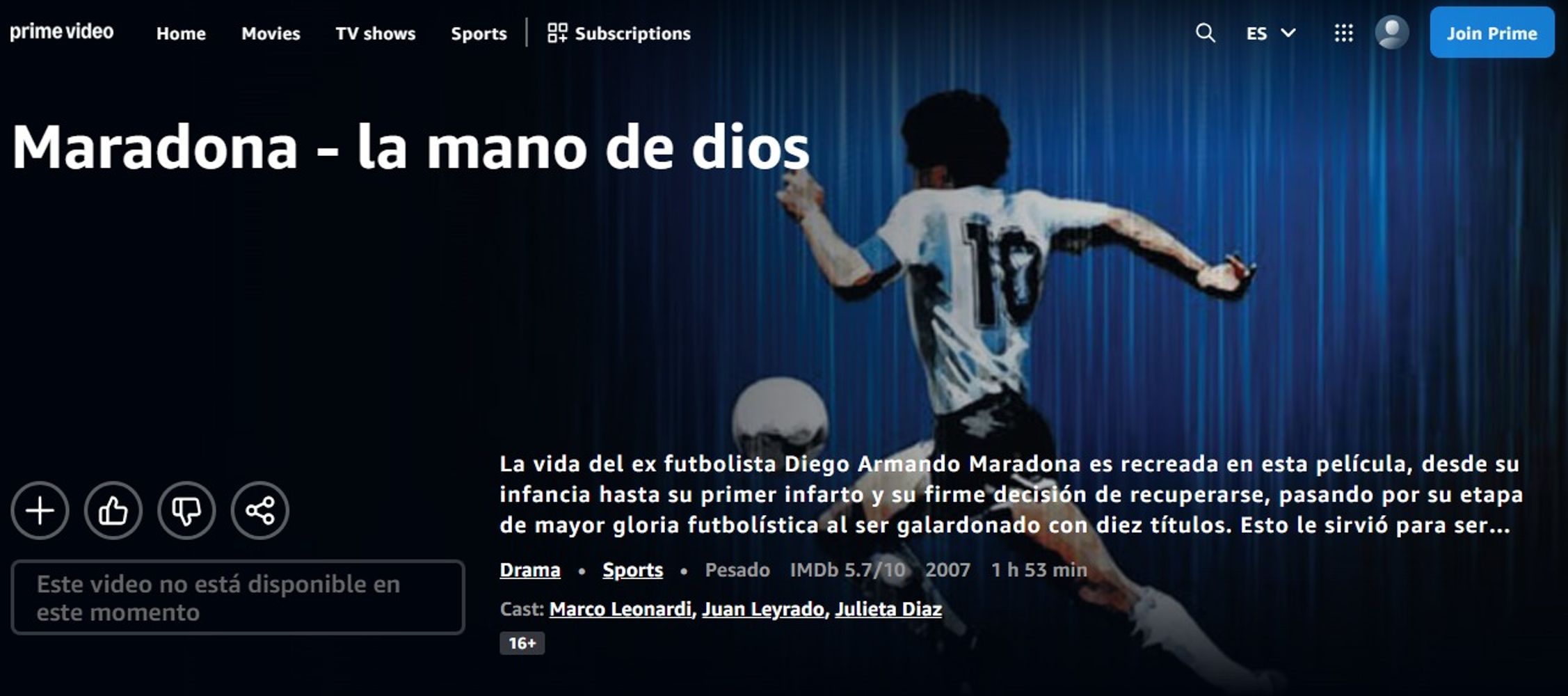 Maradona: la mano de Dios está disponible en Prime Video.