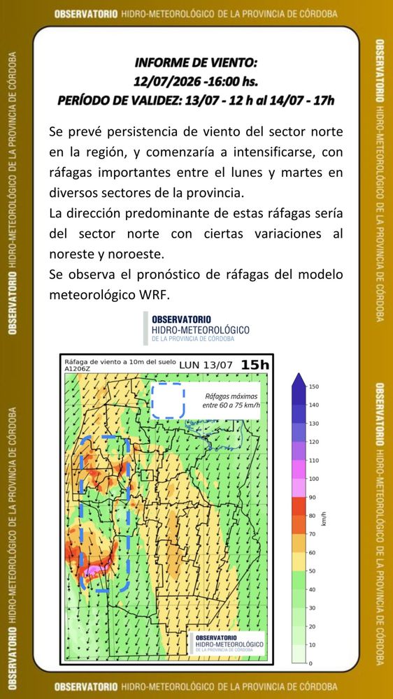 Informe por vientos para Córdoba.