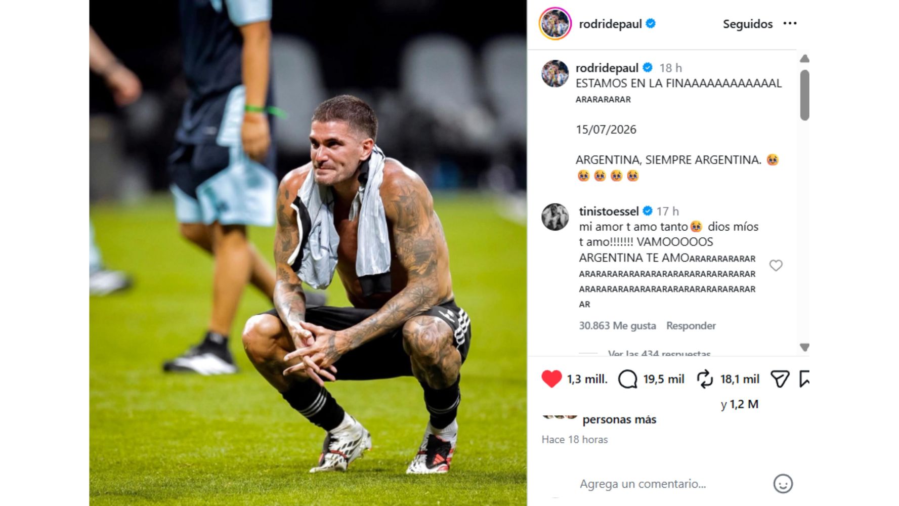 El mensaje de Tini en el post de Rodrigo de Paul.
