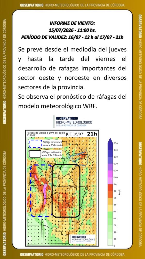 Alerta por vientos para Córdoba este jueves 16 de julio.
