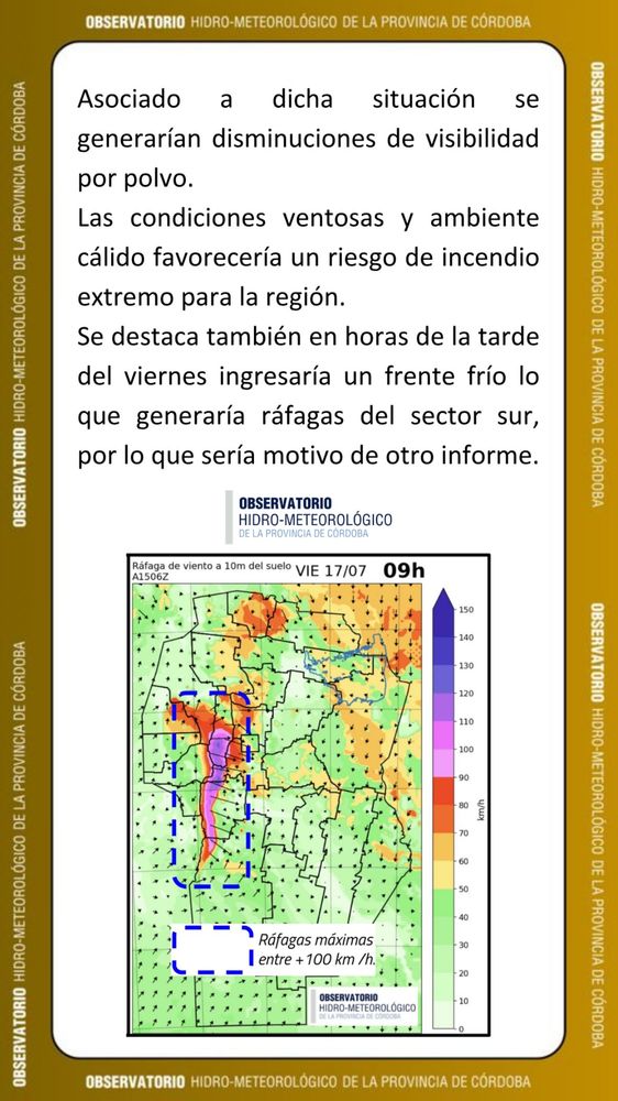 Alerta por vientos para Córdoba este jueves 16 de julio.