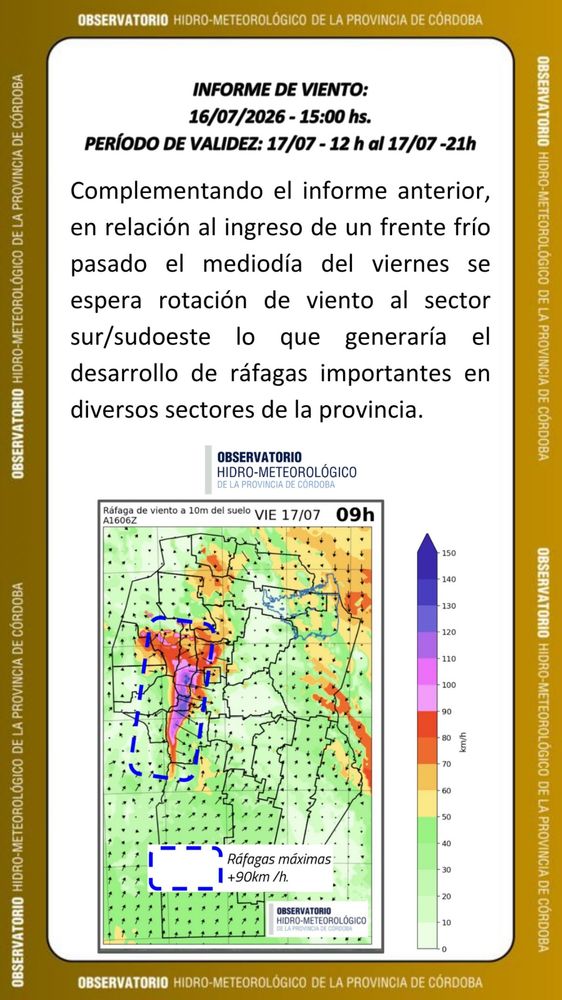 Alerta por vientos para la provincia de Córdoba.