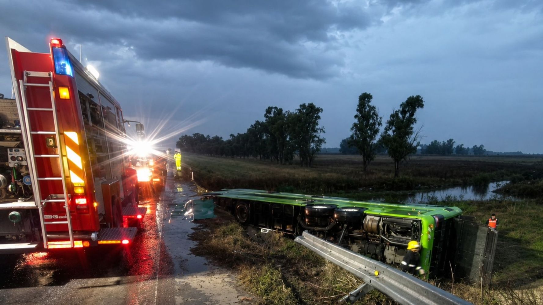 Tragedia en Carmen de Areco: un micro fue arrastrado por el viento, cayó de un puente de 6 metros y hay personas atrapadas.