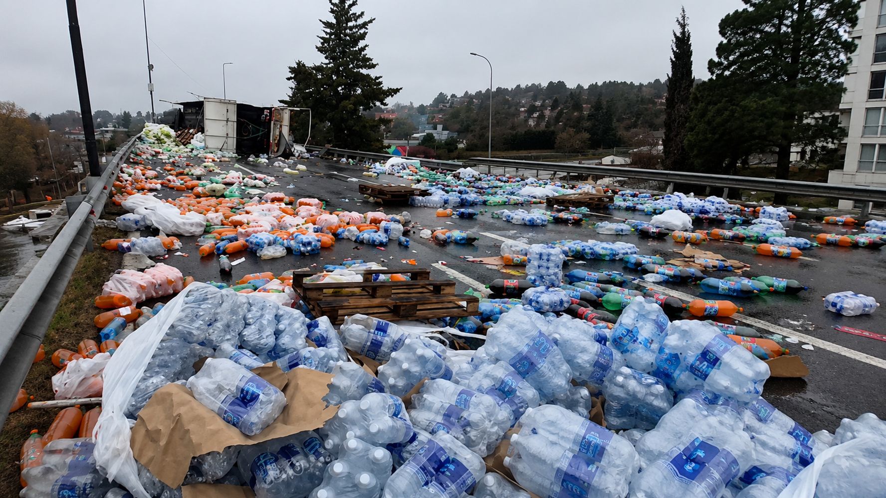 La carga quedó desparramada sobre la calzada tras el vuelco del camión en el ingreso a Carlos Paz.