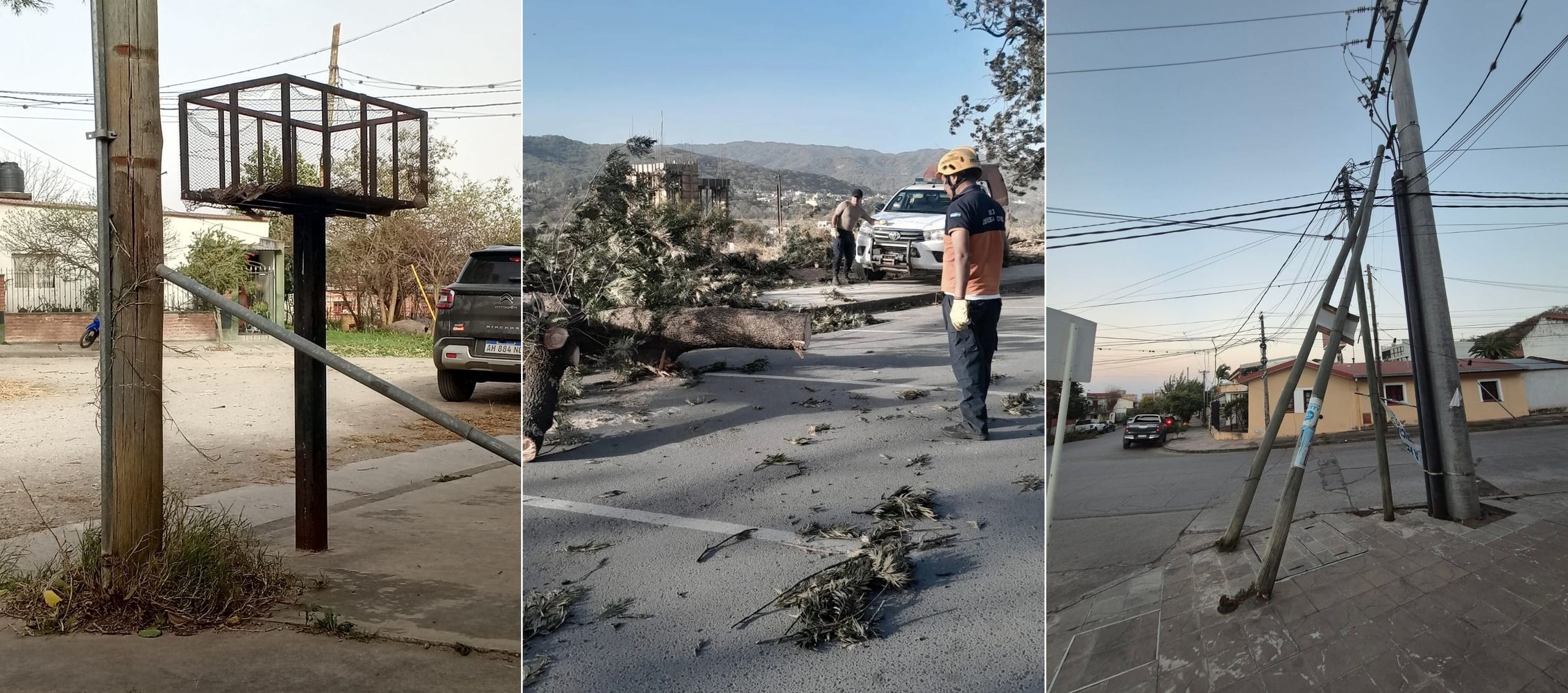 Apuntalados de manera precaria por caños o apoyados en otras columnas, decenas de postes de madera quedaron seriamente afectados por el viento norte y en muchos casos con los cables cortados por la caída de árboles, lo que dejó sin servicio a los usuarios de telefonía, tv por cable y electricidad.