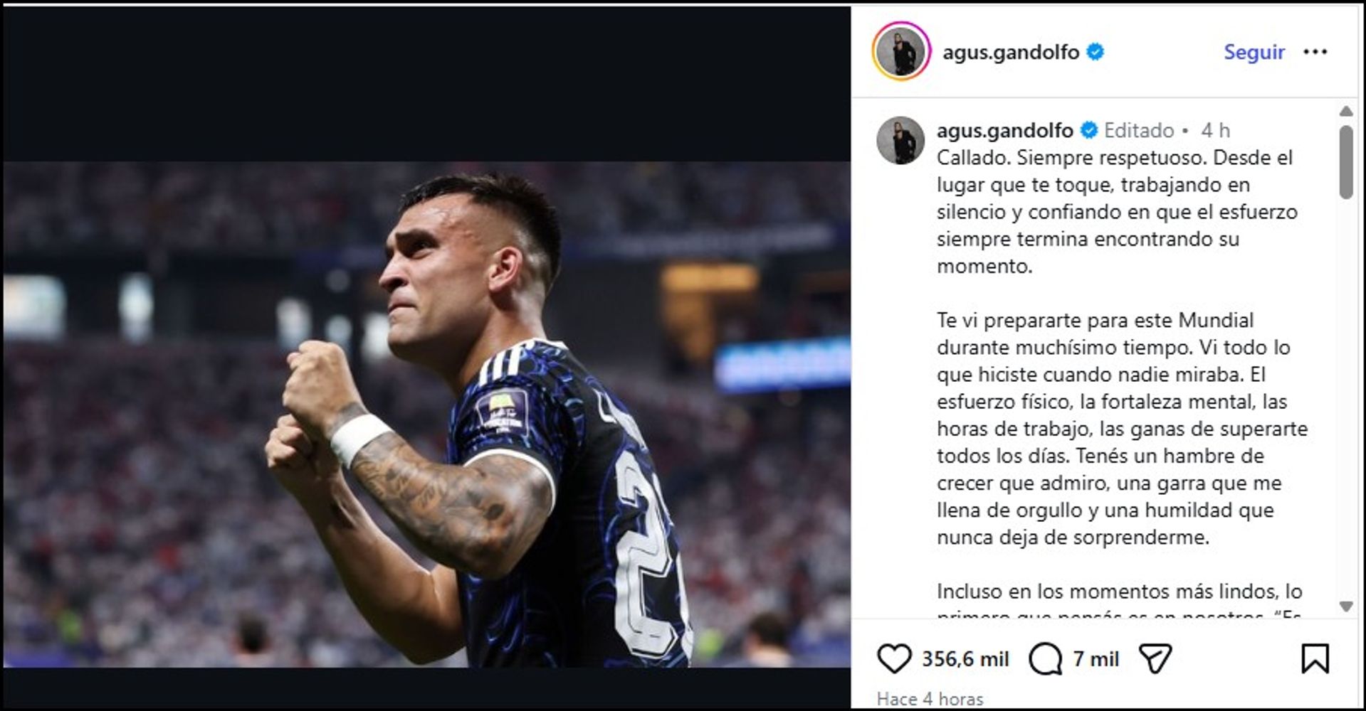 El mensaje de Agustina Gandolfo para Lautaro Martínez