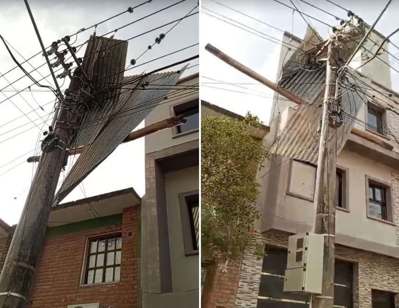 El potente viento norte hizo volar por los aires varias chapas metálicas que quedaron atrapadas retorcidas entre los cables y soportes de una columna del servicio eléctrico, provocando un cortocircuito que dejó sin servicio a los domicilios del sector.