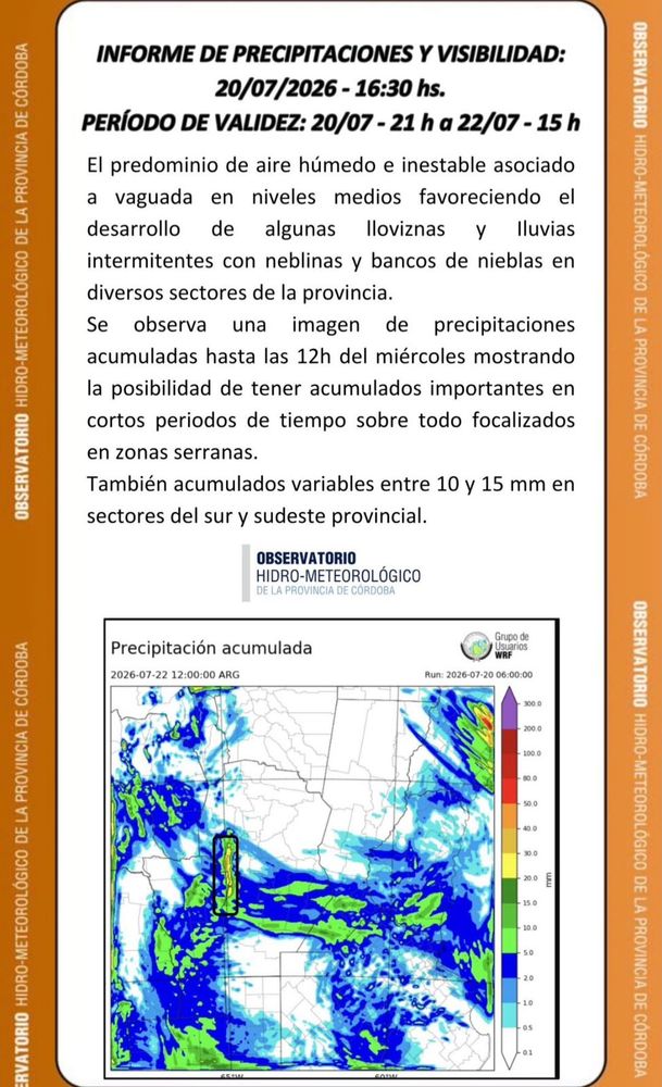 El informe del OHMC para el clima en Córdoba este martes 21 de julio.