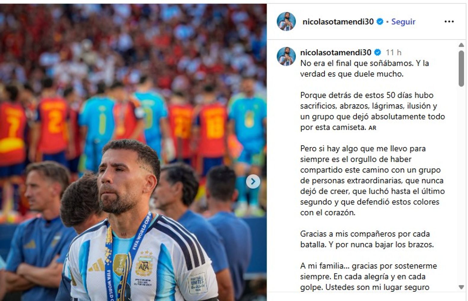 El emotivo posteo de Nicolás Otamendi.