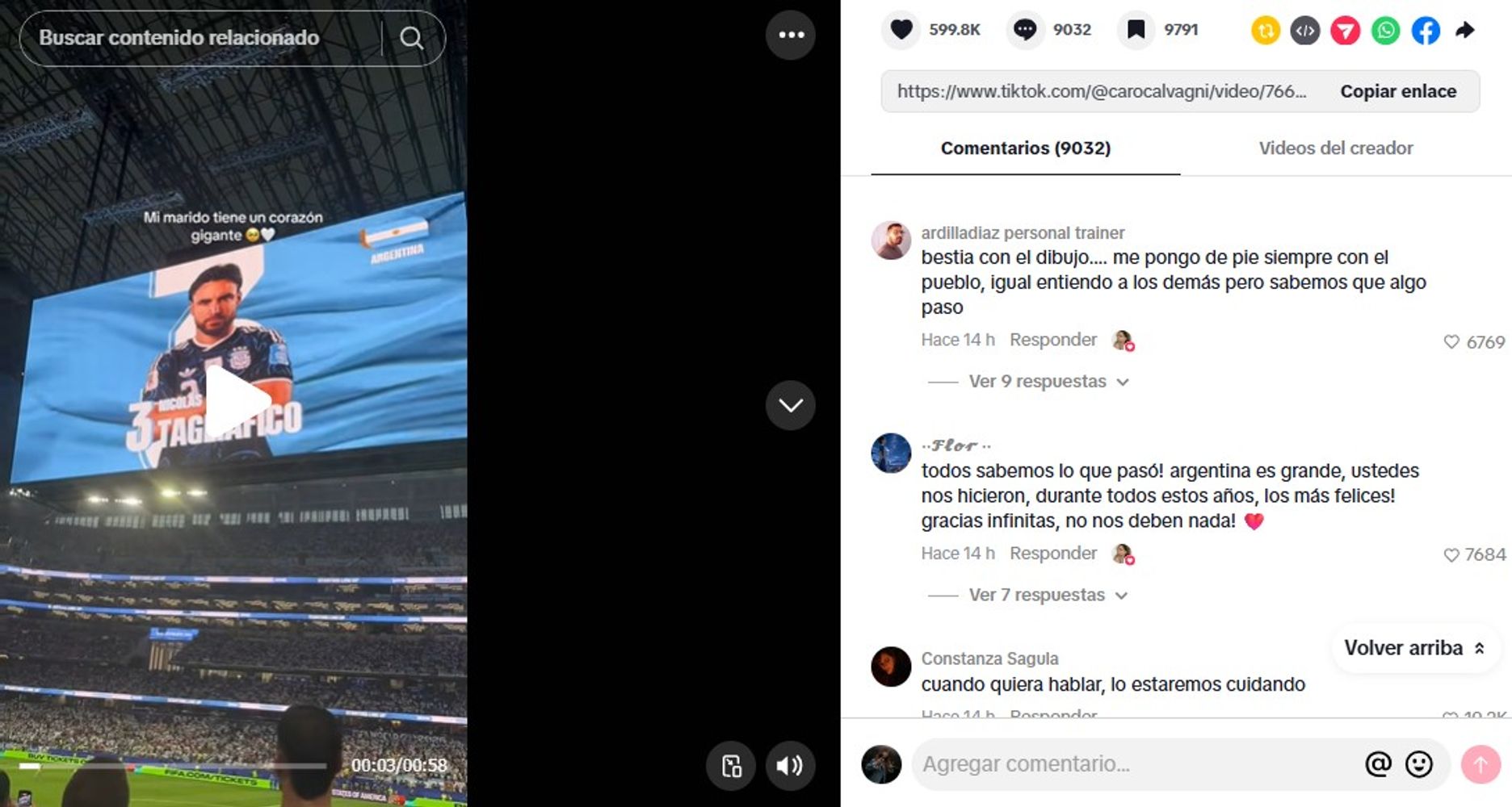 "Todos sabemos lo que pasó": la llamativa reacción de Caro Calvagni, la esposa de Tagliafico, tras la final del Mundial 2026
